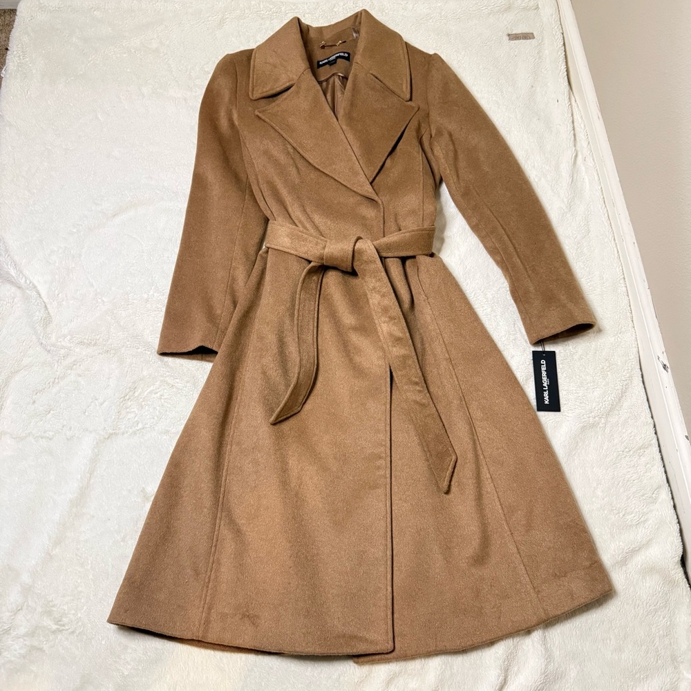 KARL LAGERFELD PARIS Camel Tan Midi Long Wool Blend Wrap Coat - Sz Medium, NWT - Picture 7 of 14